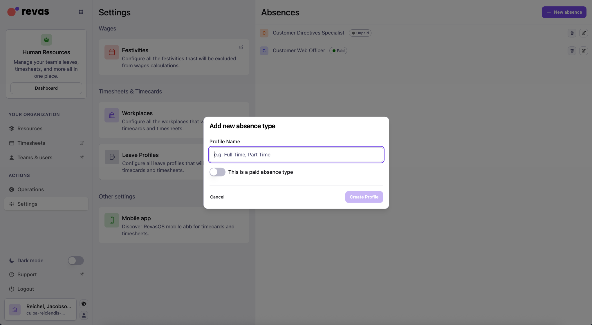 Absence type editor with working/non-working flag