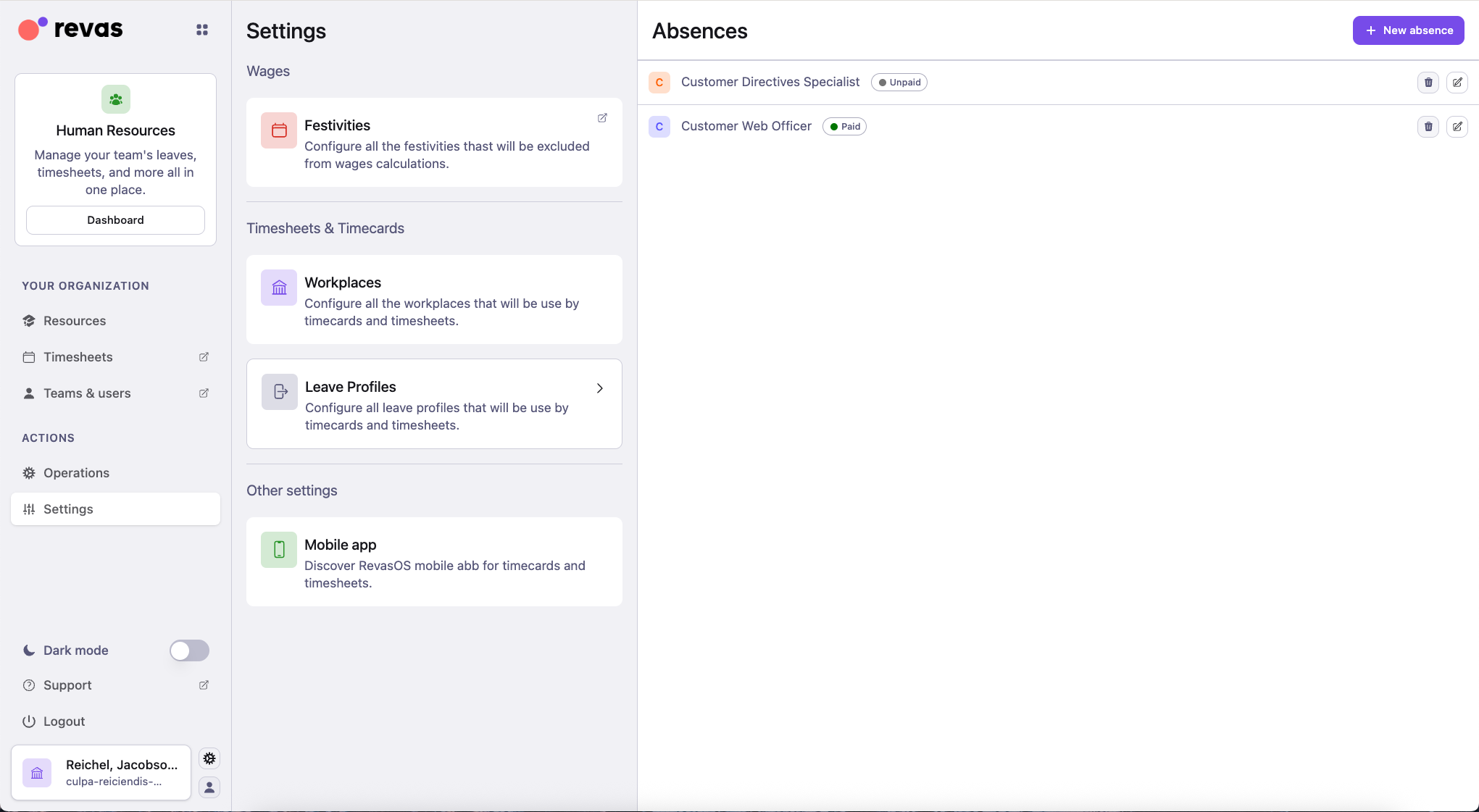 List of configured absence types