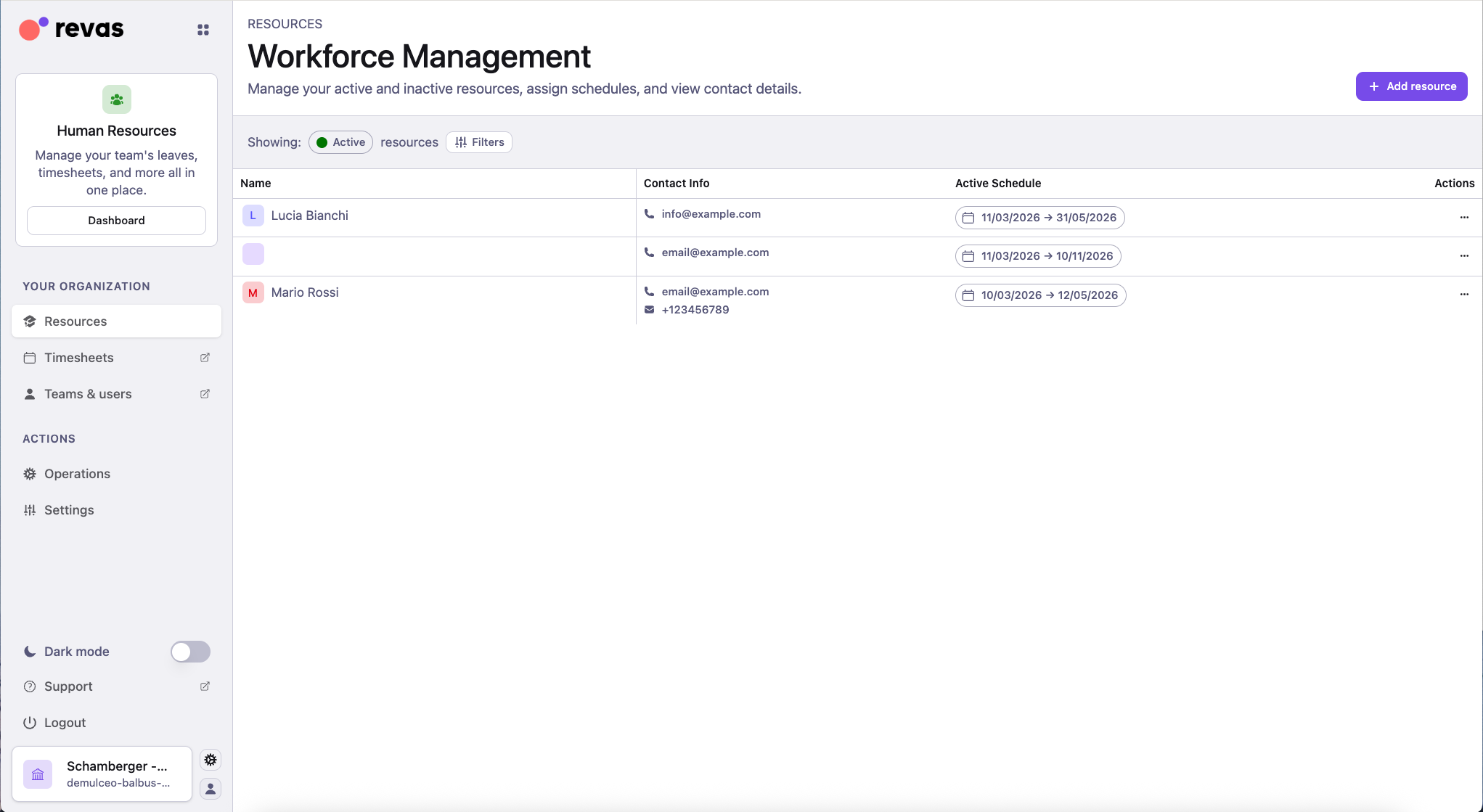 Workforce list showing all collaborators in the organization