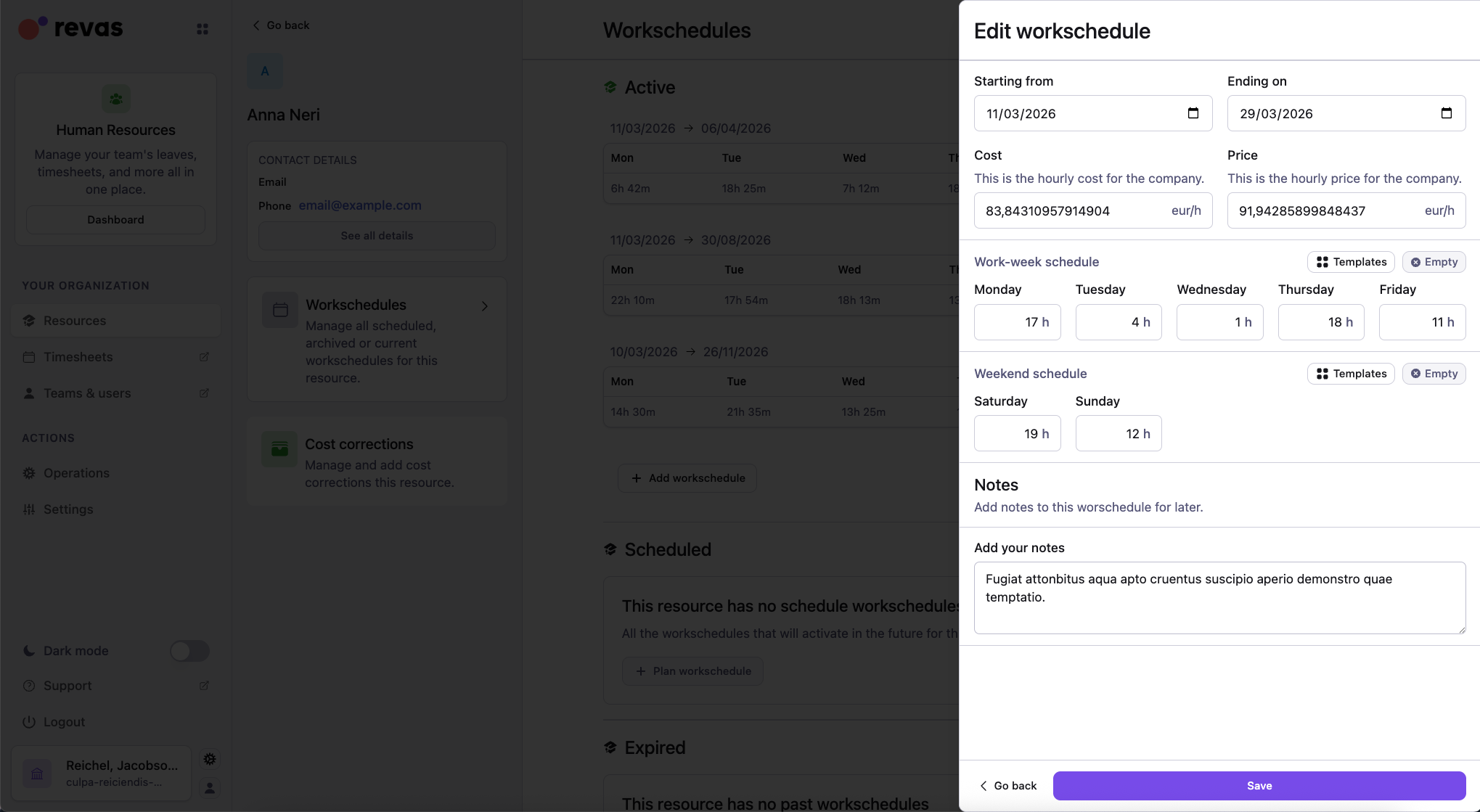Work schedule editor with daily hours configuration
