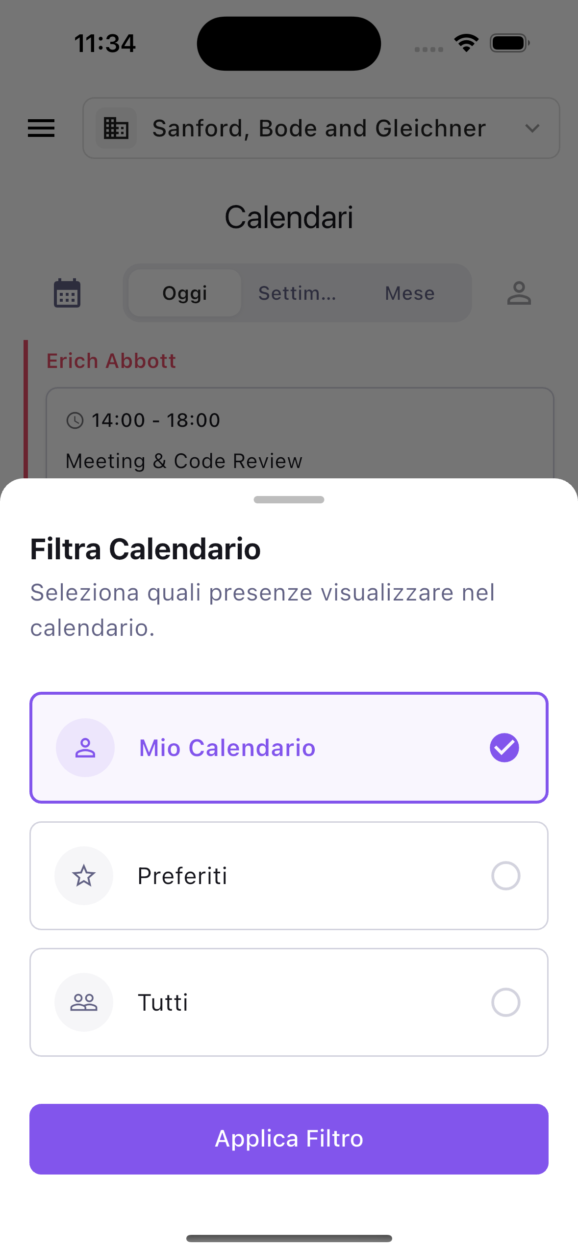 Filtri sorgente calendario: mio, preferiti, tutti