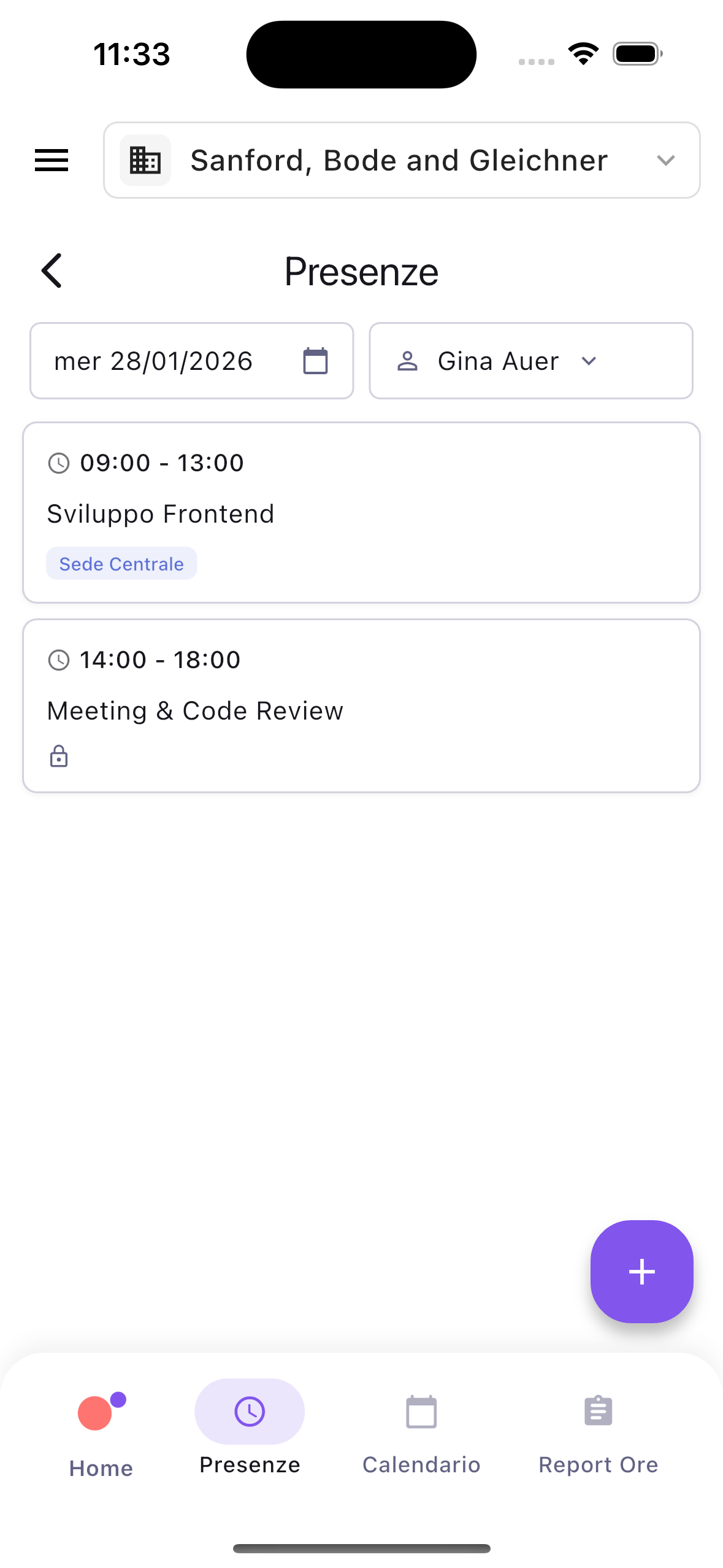 Elenco presenze con filtri per data e risorsa