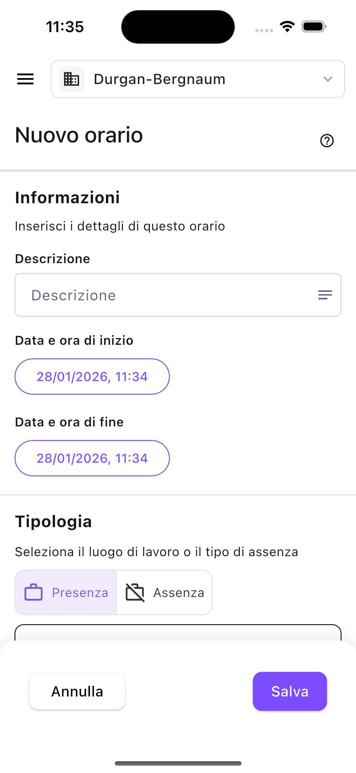 Form di nuova entry per presenza o assenza