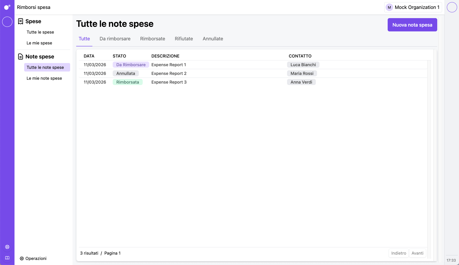 All expense reports with status and export options