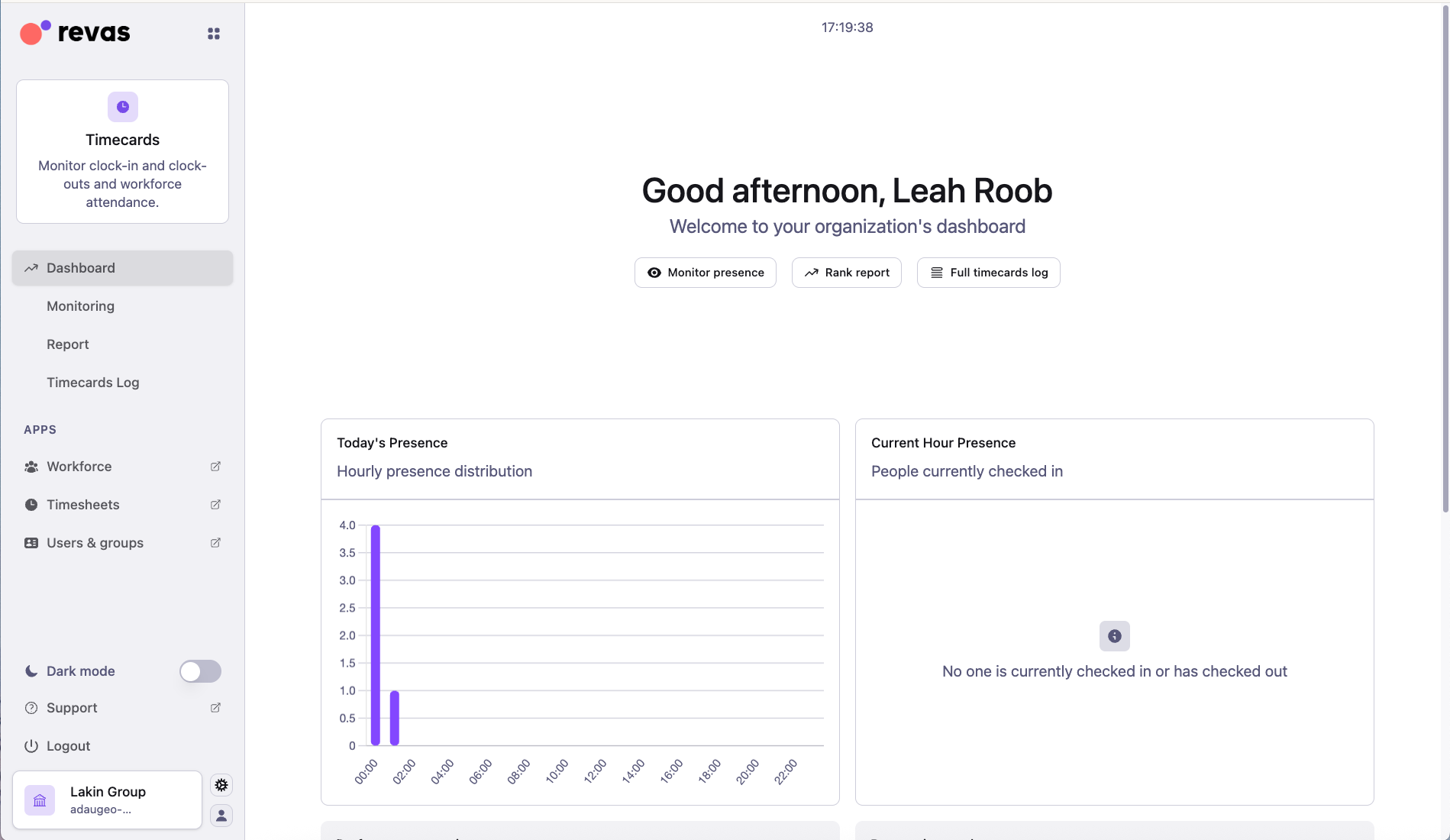 Timecards dashboard with workplace QR code access