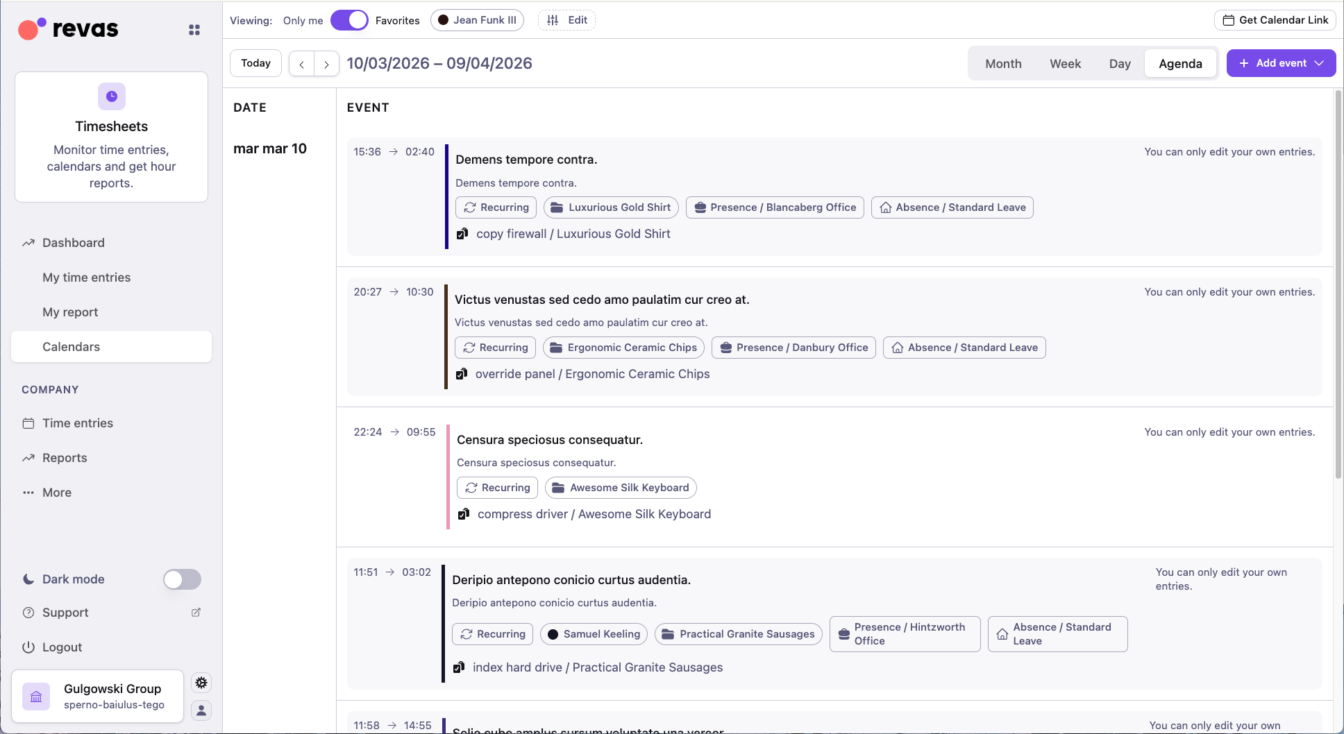 Agenda layout listing events chronologically