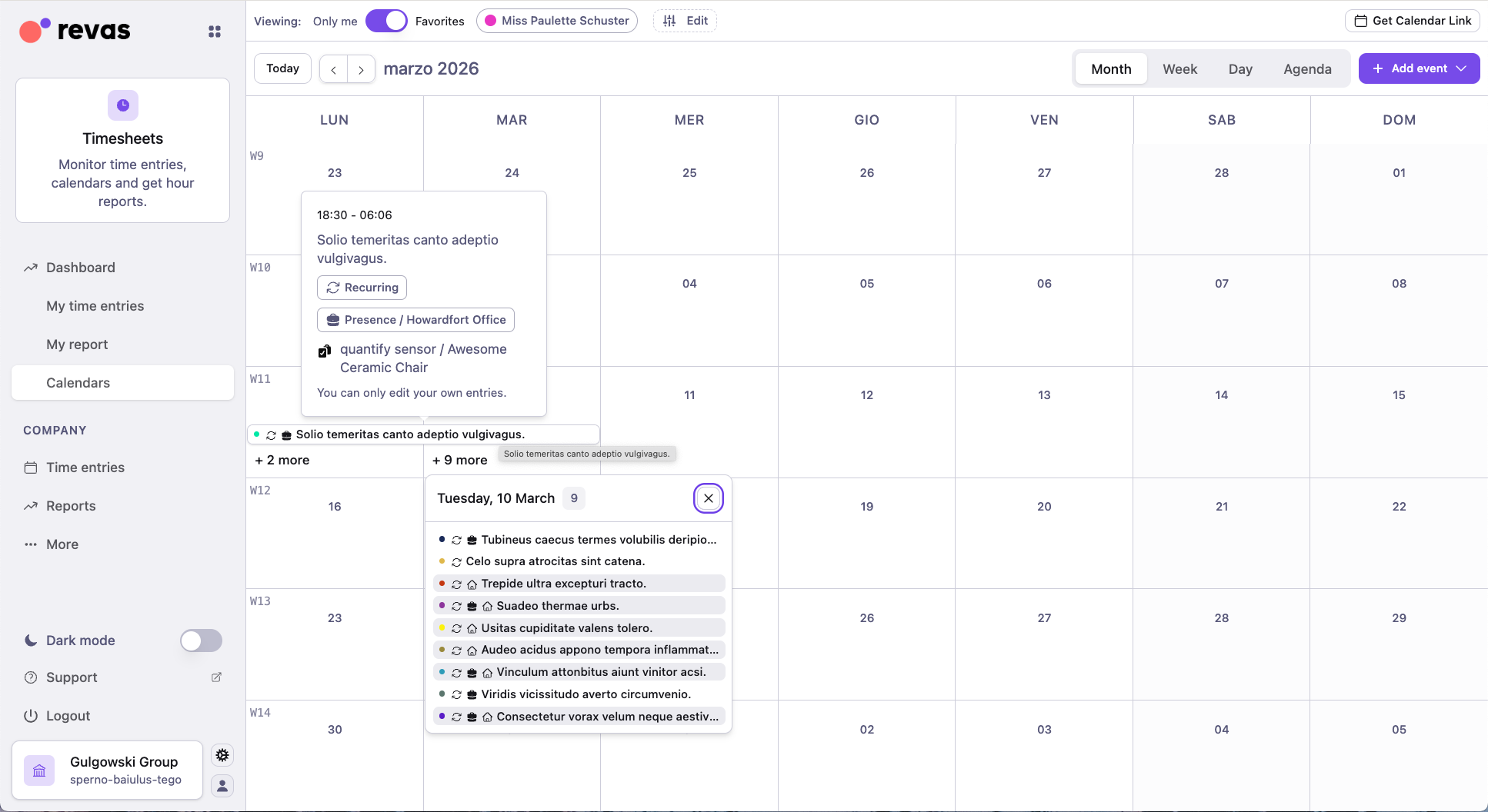 Month calendar with event details popover