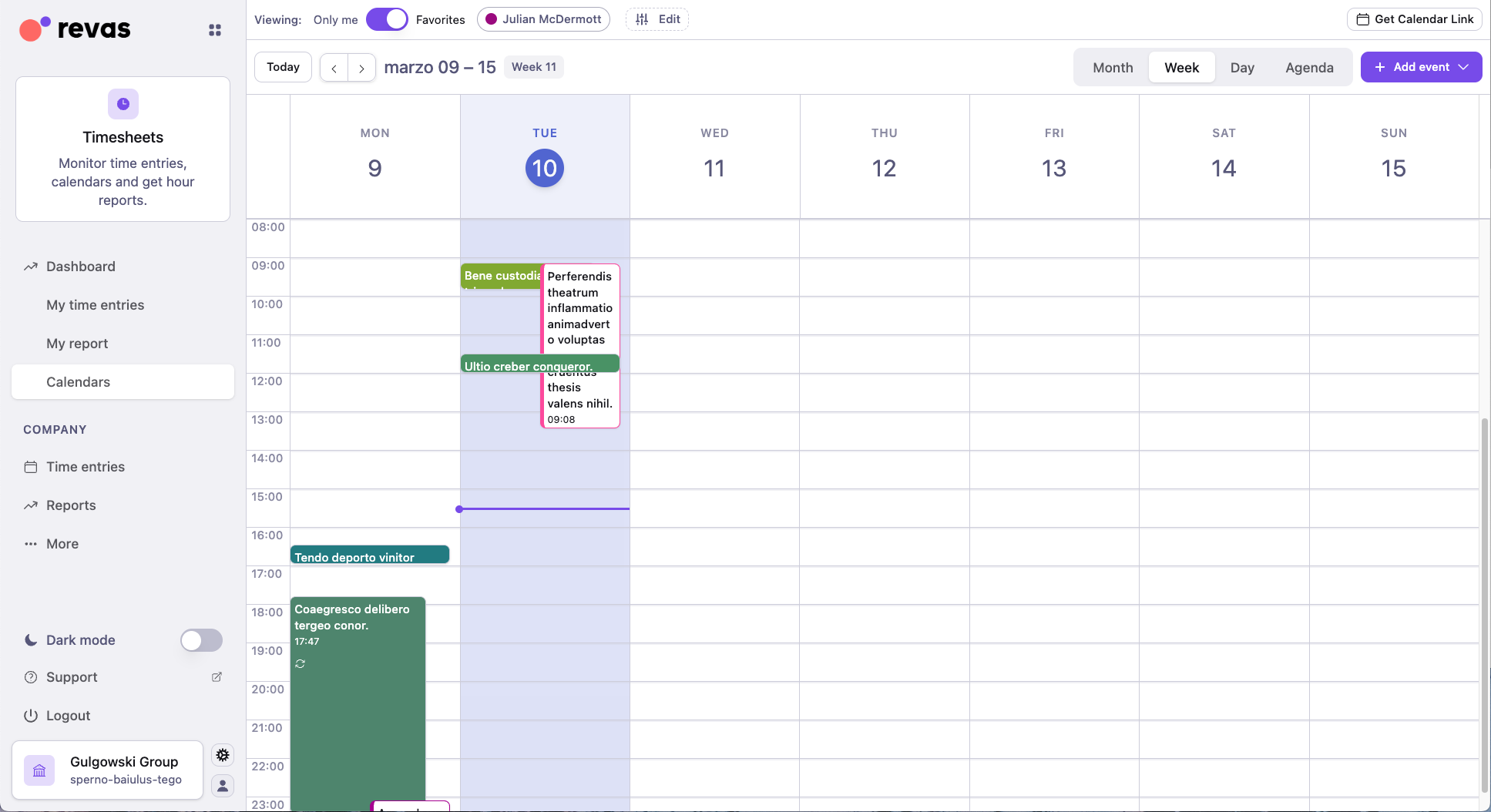 Week calendar with color-coded events