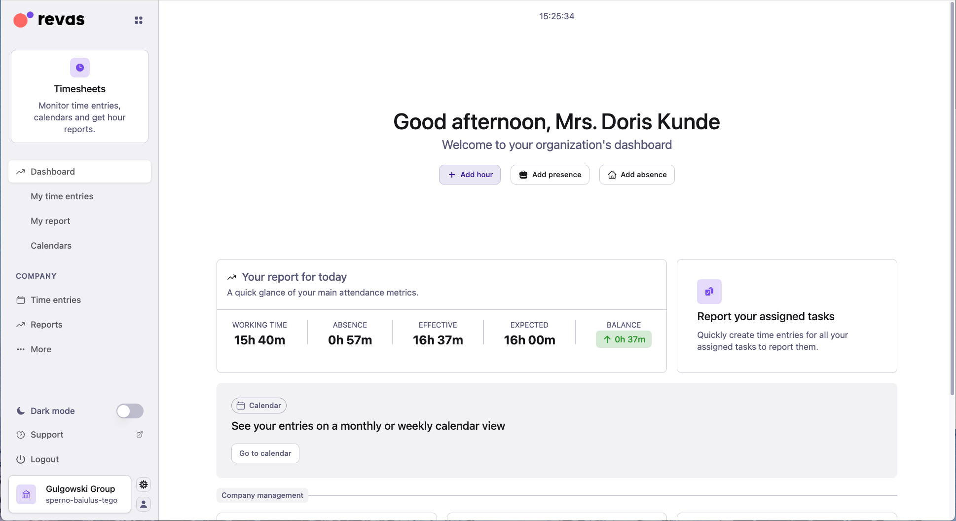 Dashboard with quick actions and today's report