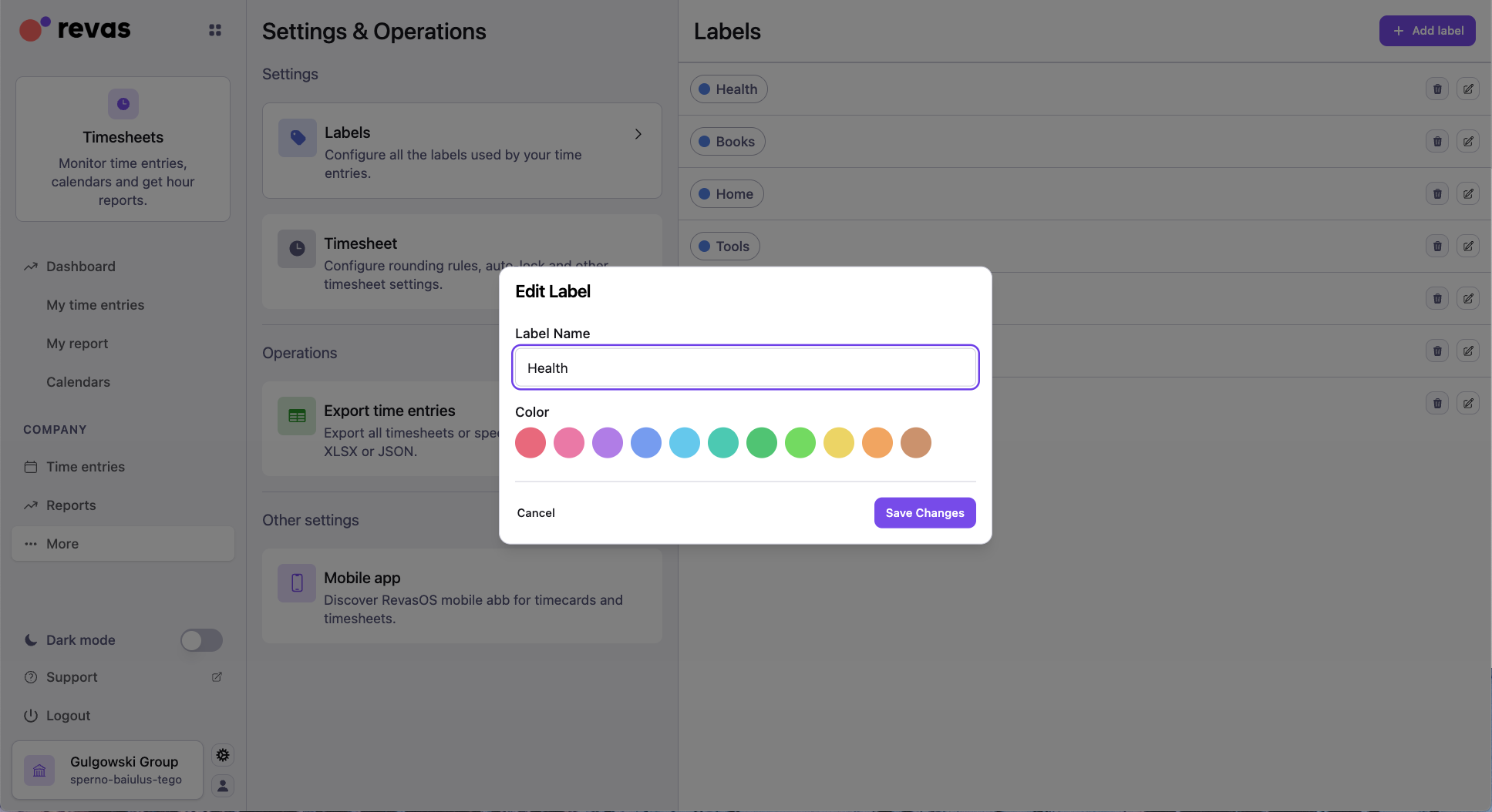 Label editor with name and color picker