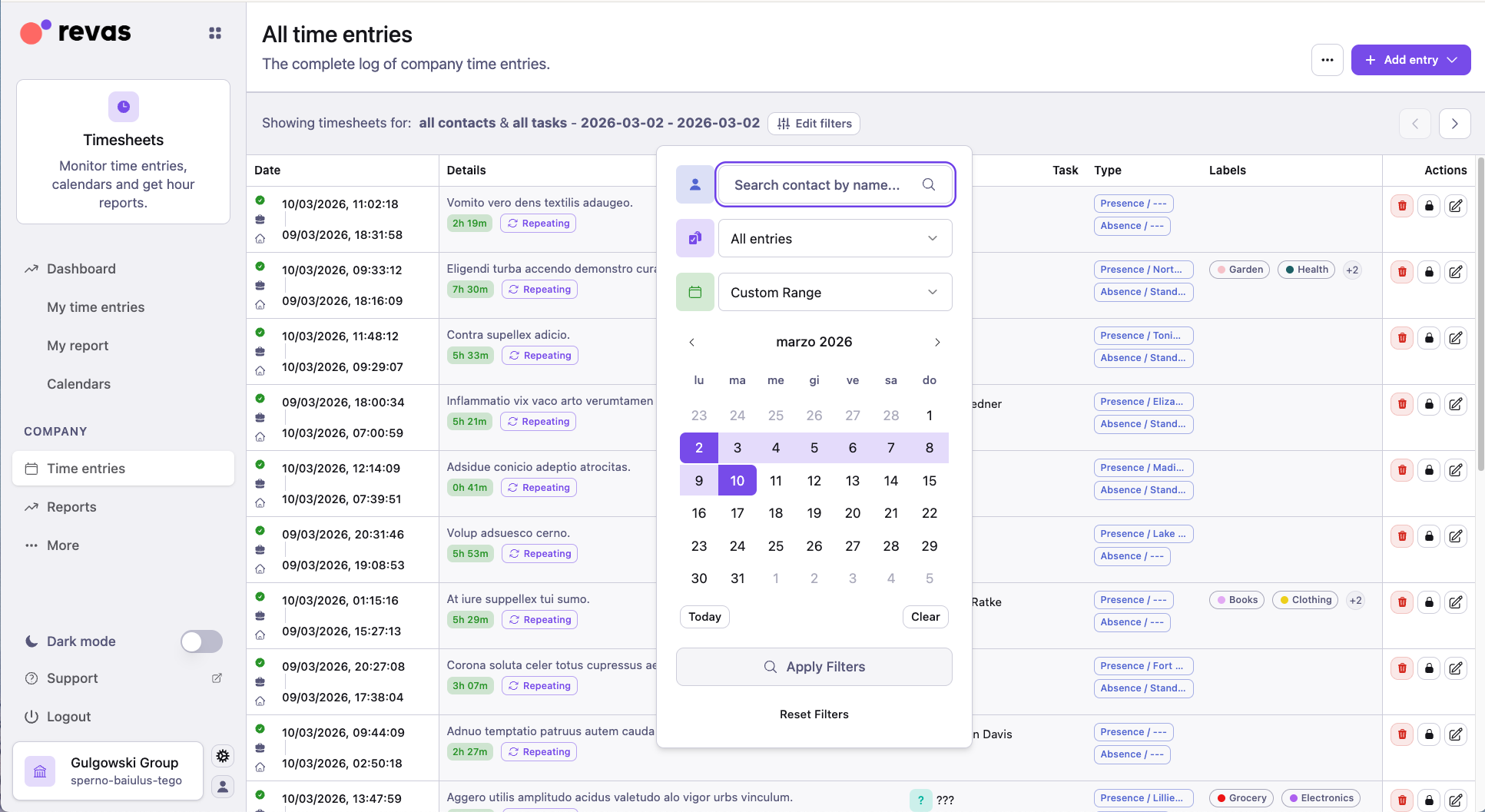 Filter panel with contact, type, and date range controls