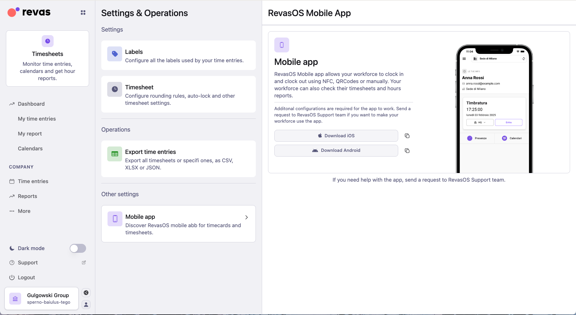 Settings page with mobile app download links