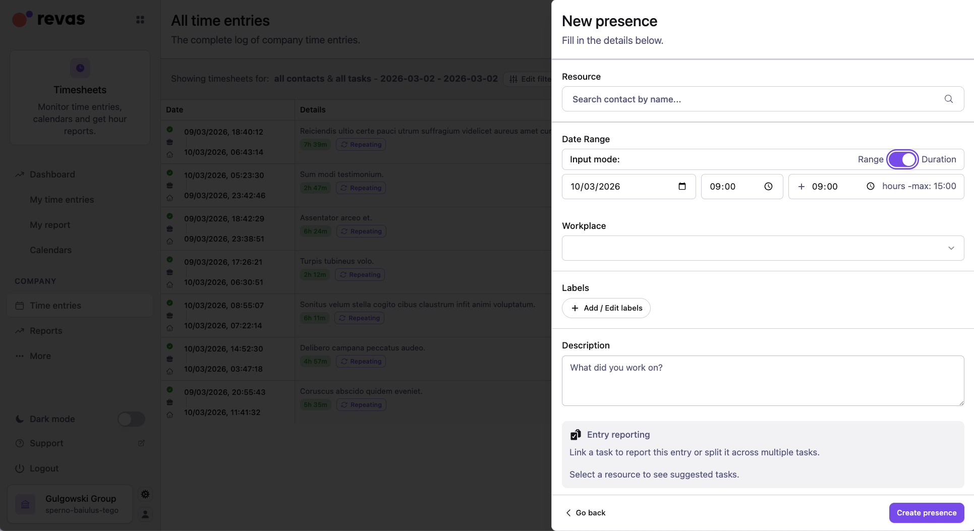 Entry editor with date, type, labels, and reporting fields