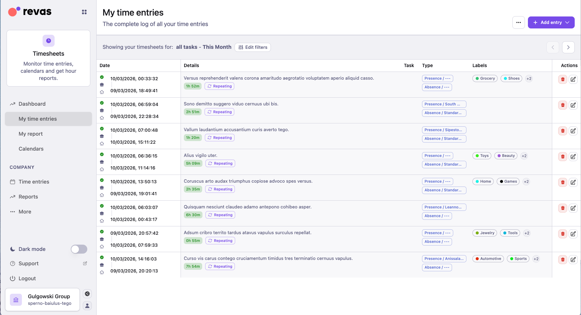 My time entries list with row actions and labels