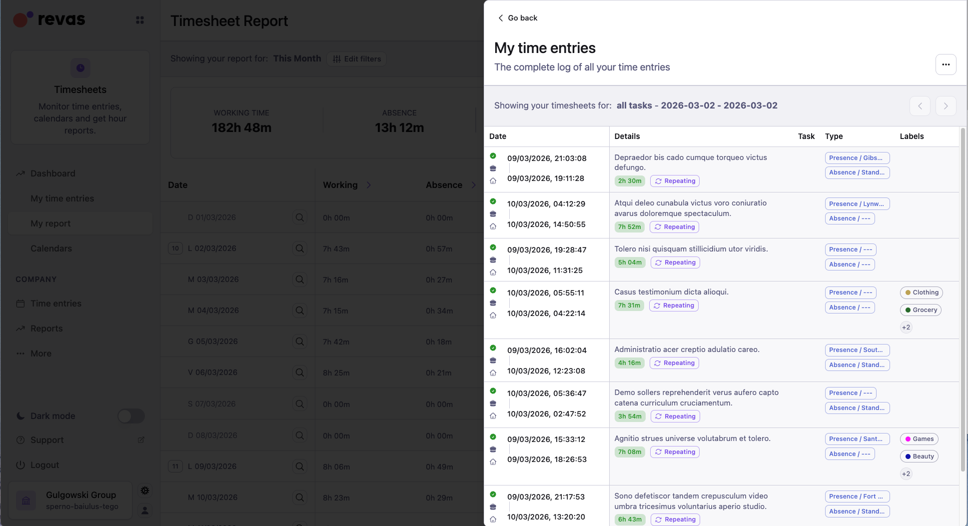 Expanded day view showing the entries behind report totals