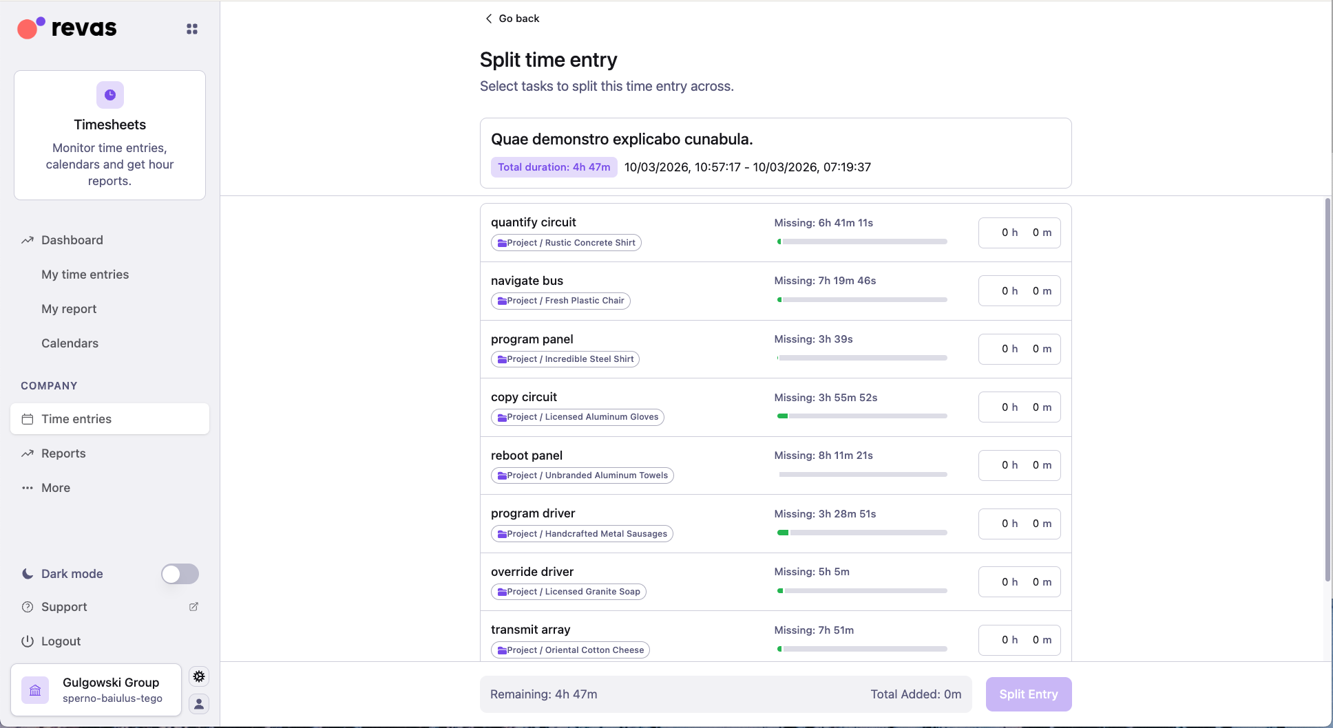 Split time entry view with remaining-time validation