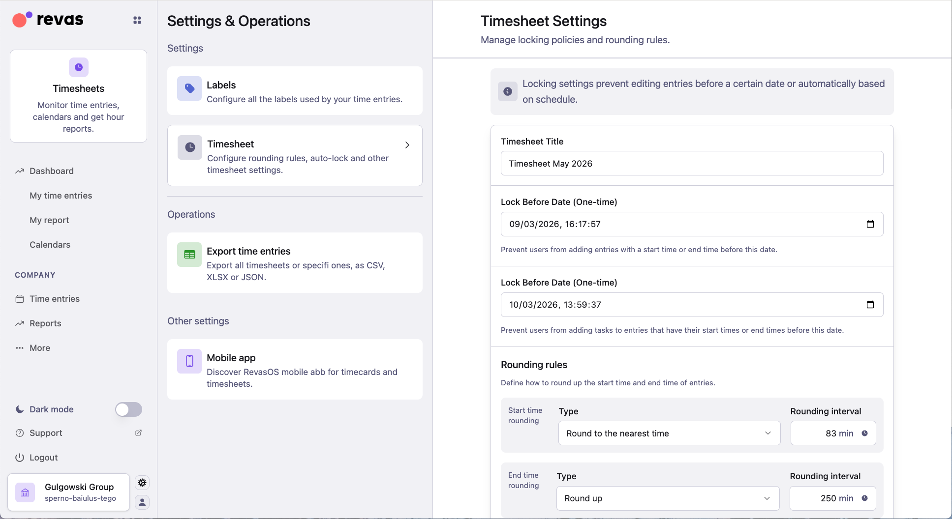 Timesheet settings for locking and rounding rules